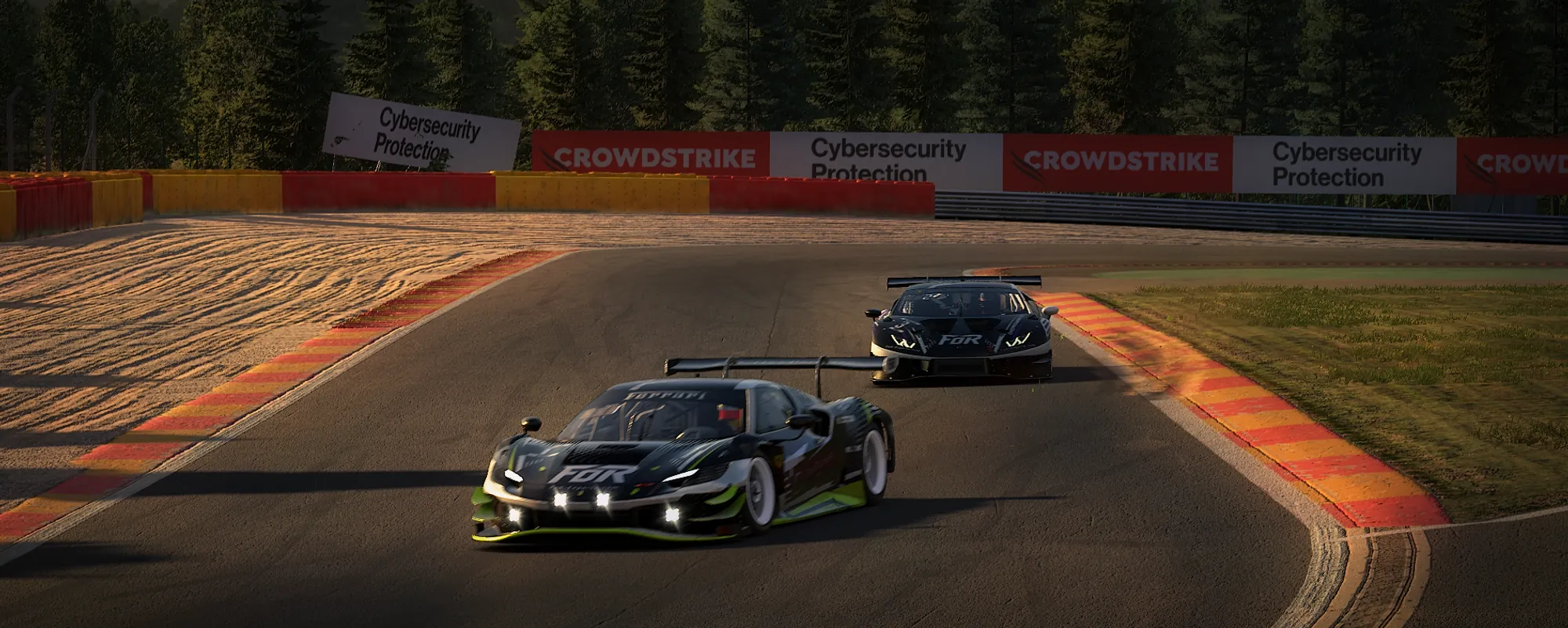 Two FoR Esports GT3 cars racing through a sunlit corner at Spa-Francorchamps